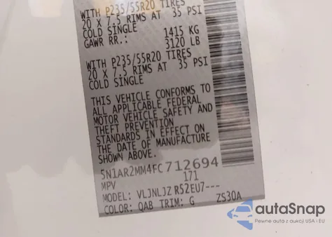 2015 Nissan Pathfinder Platinum from USA, damaged, VIN 5N1AR2MM4FC712694